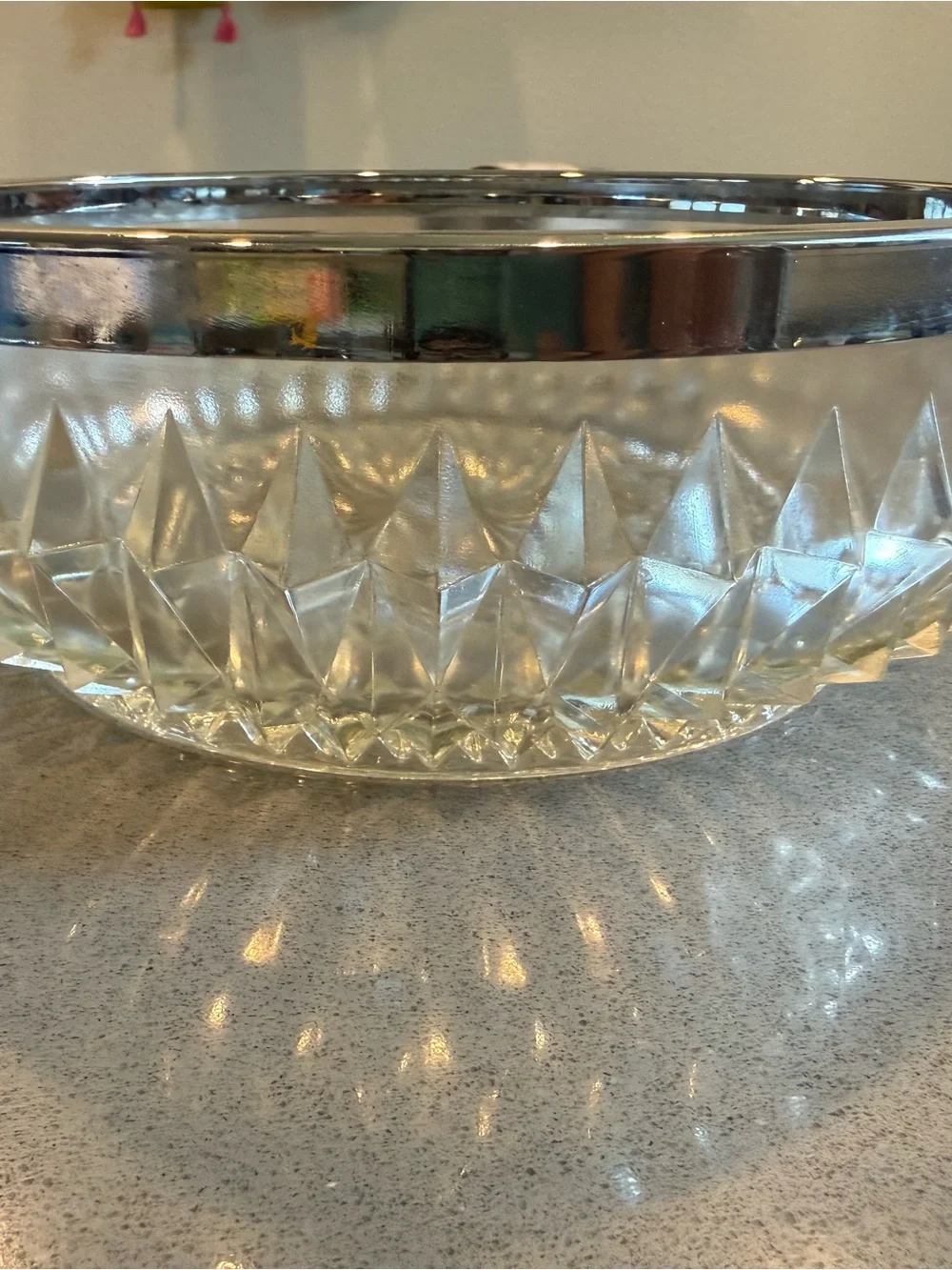 Vintage Round Cut Glass Serving Bowl with Silver Rim